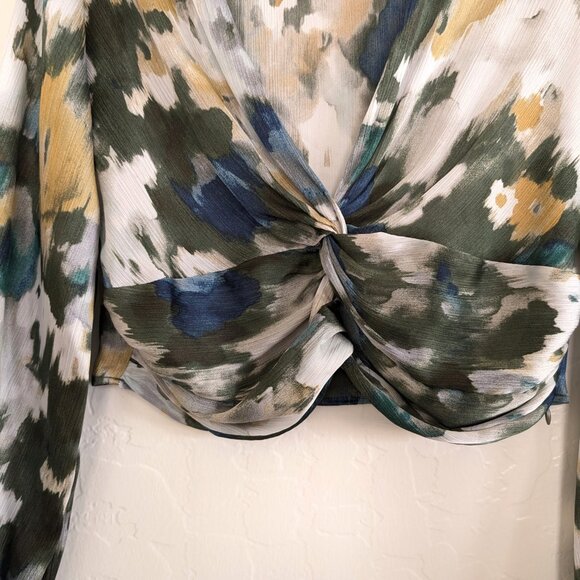 ZARA Blouse Women's M Multicolor Watercolor Sheer Lightweight Zipper Deep V Neck - Picture 7 of 14